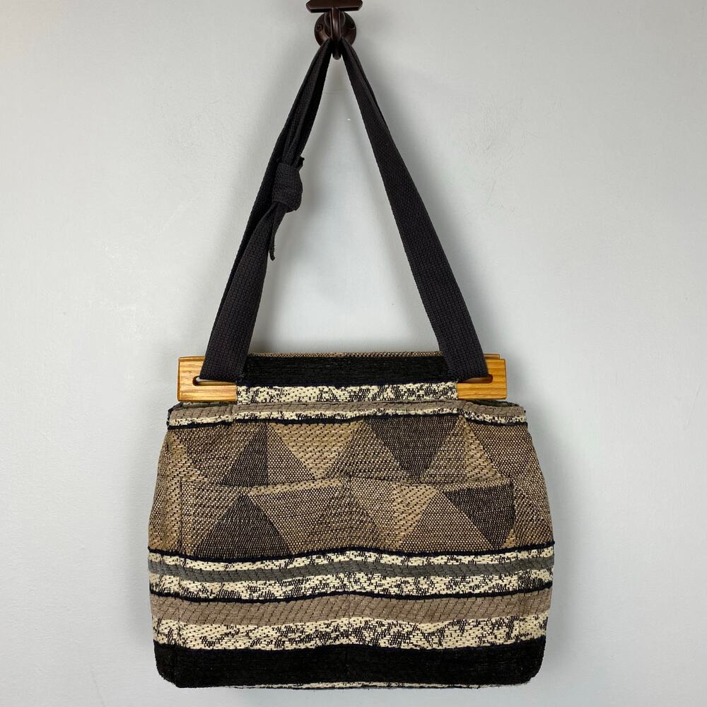 Vintage Geometric Tapestry Handbag with Wooden Upper Frame Western Boho Chic